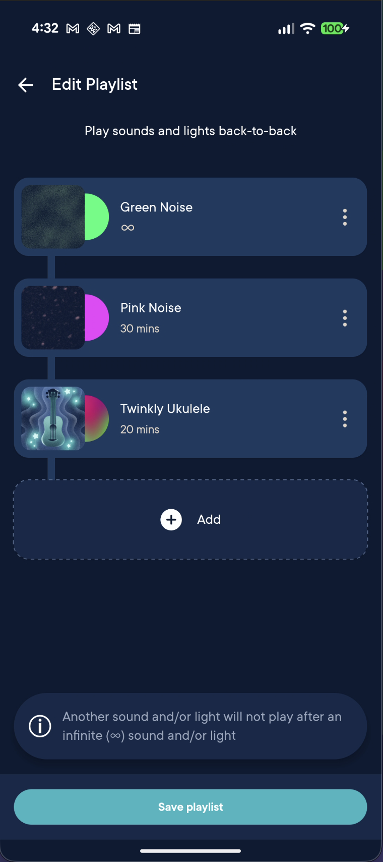 Hatch Baby Edit Playlist Android screen with queued sounds and save playlist button.