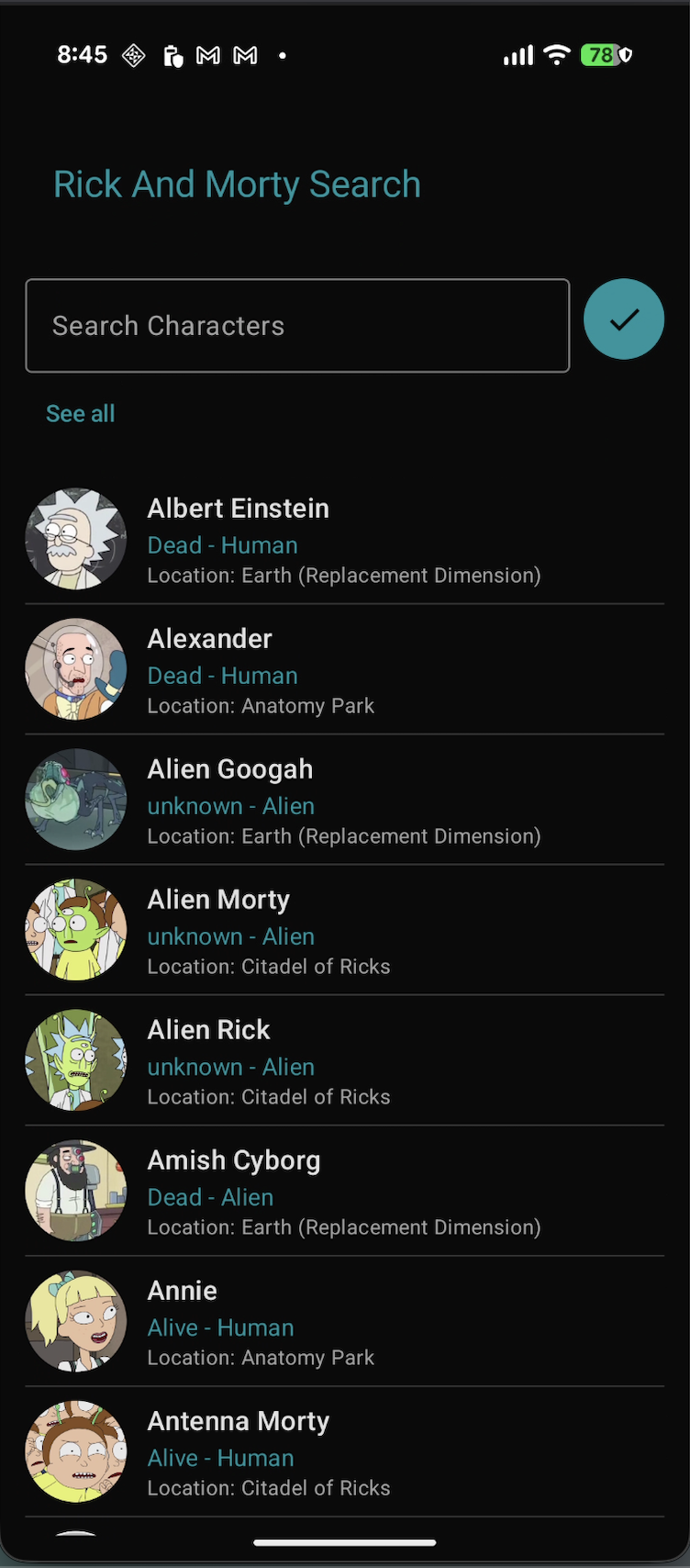 Rick and Morty Compose Android app screen showing character browsing and detail flow.