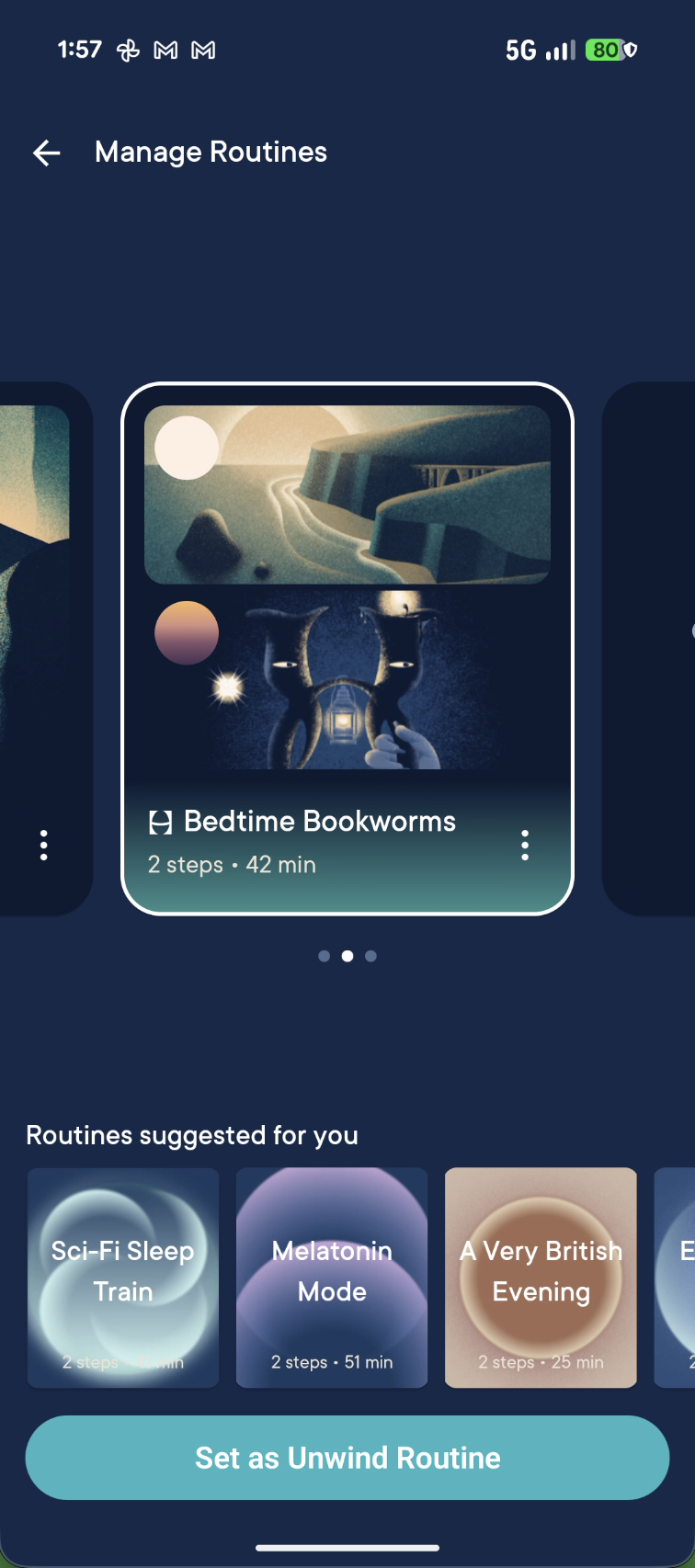 Restore 3 Manage Routines Android screen showing routine carousel and recommendation cards.