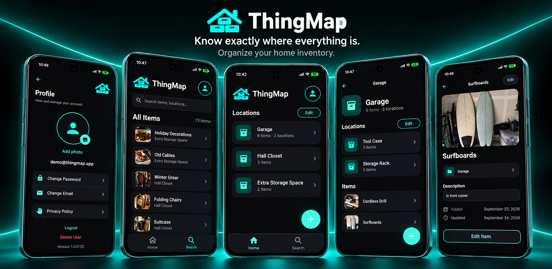 ThingMap Android app screens: profile, all items, locations, a garage location with its items, and an item detail view for surfboards.